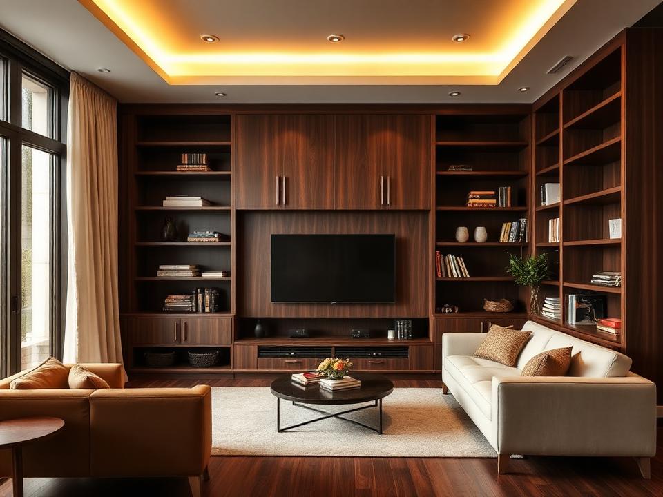 Boekenkast wand-tot-wand in notenhout